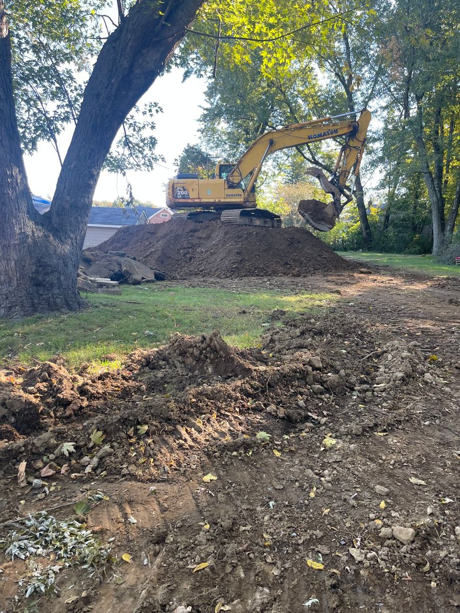 Excavator clearing ground beneath mature trees on the Randolph site